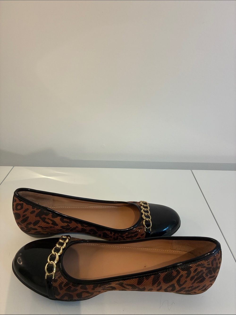 Naturalizer Leopard-Print Ballet Flats with Black Patent Toe and Gold Chain